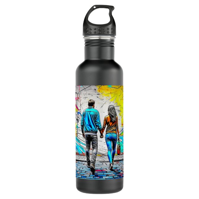 Couple Holding Hands Graffiti Street Art Stainless Steel Water Bottle (Front)