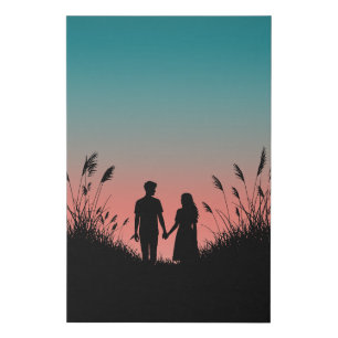Couple Holding Hands Sunset Grass Field Faux Canvas Print