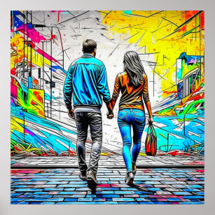 Couple Holding Hands Urban Graffiti Art Poster