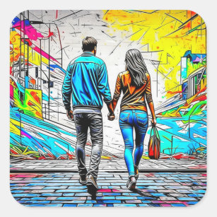 Couple Holding Hands Urban Graffiti Art Square Sticker