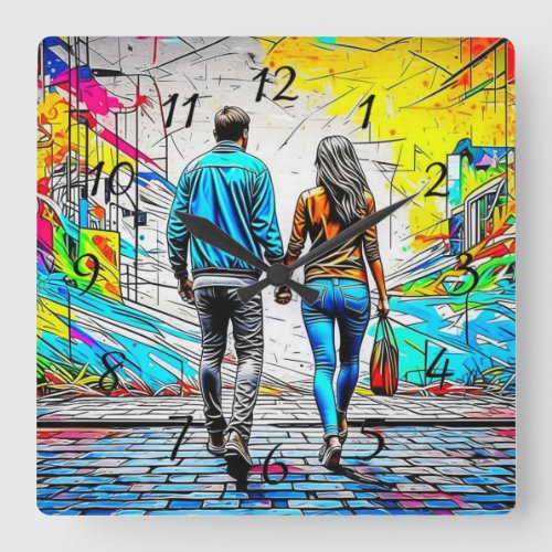 Couple Holding Hands Urban Street Art Square Wall Clock