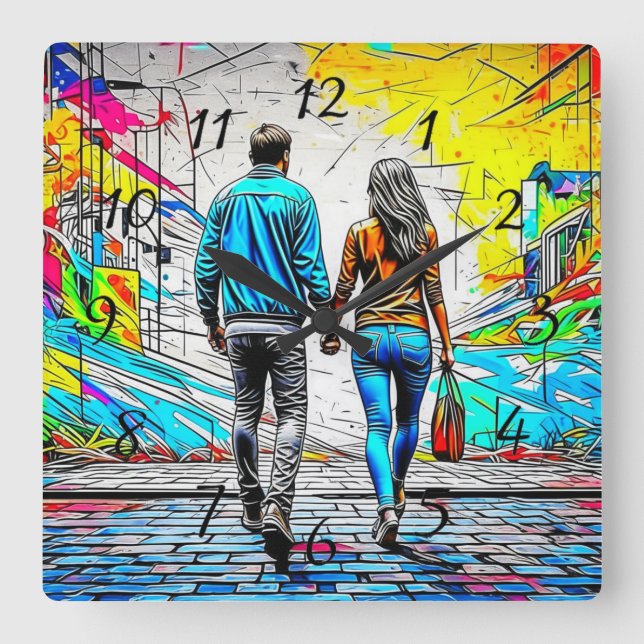 Couple Holding Hands Urban Street Art Square Wall Clock (Front)