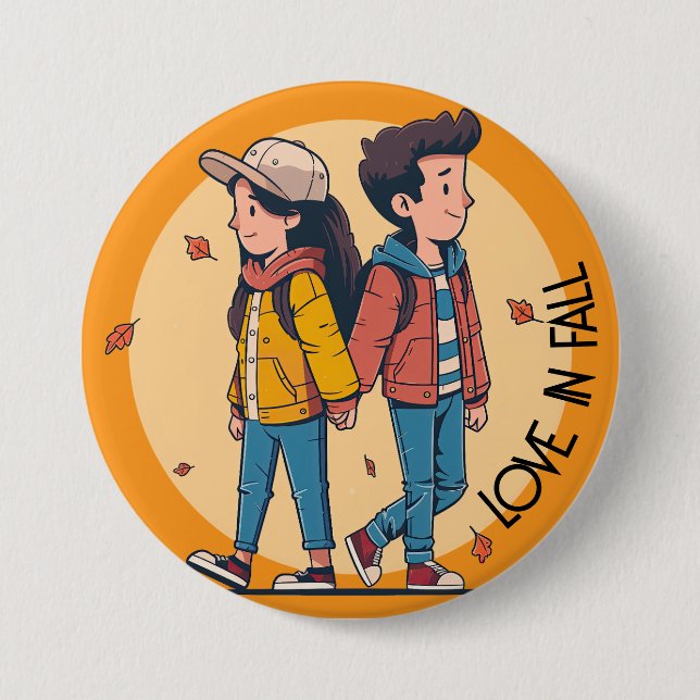 Couple holding hands walking together in fall button (Front)