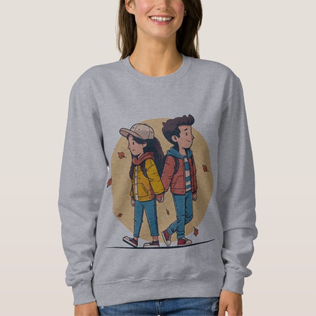 Couple holding hands walking together in fall sweatshirt (Front)