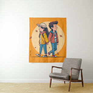 Couple holding hands walking together in fall tapestry