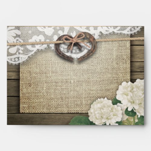 Couple Horseshoe Heart Lace Hydrangea Wood Wedding Envelope