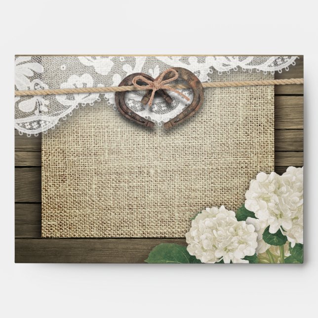 Couple Horseshoe Heart Lace Hydrangea Wood Wedding Envelope (Front)