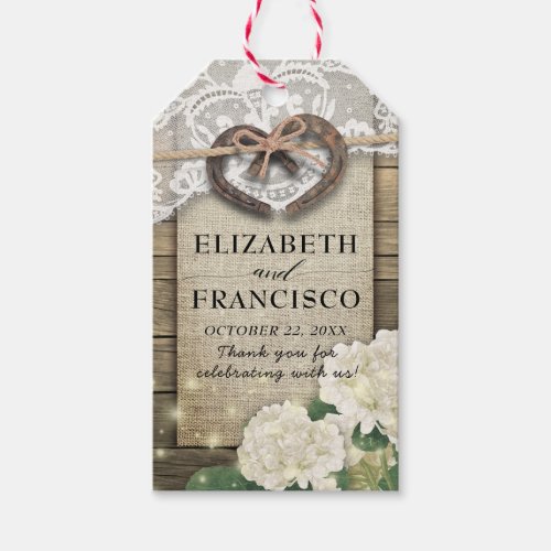 Couple Horseshoe Heart Lace Hydrangea Wood Wedding Gift Tags