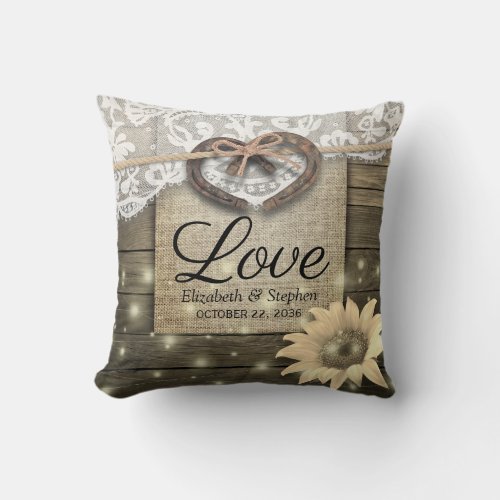 Couple Horseshoe Heart Lace Sunflower Wood Wedding Throw Pillow