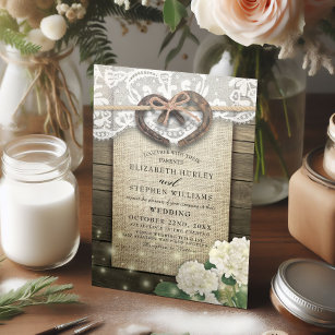 Couple Horseshoe Heart Lace Wood Hydrangea Wedding Invitation