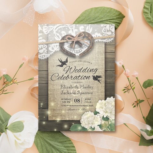 Couple Horseshoe Heart Lace Wood Hydrangea Wedding Invitation