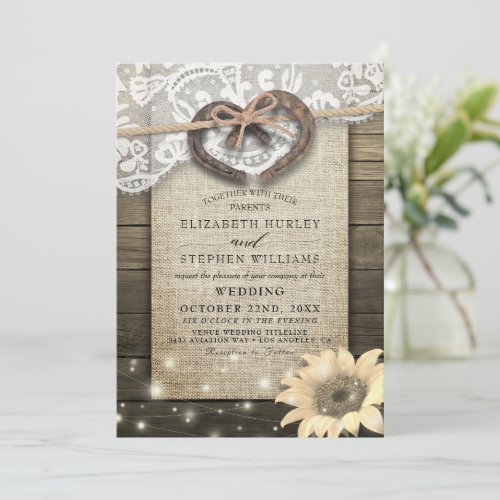 Couple Horseshoe Heart Lace Wood Sunflower Wedding Invitation