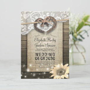 Couple Horseshoe Heart Lace Wood Sunflower Wedding Invitation