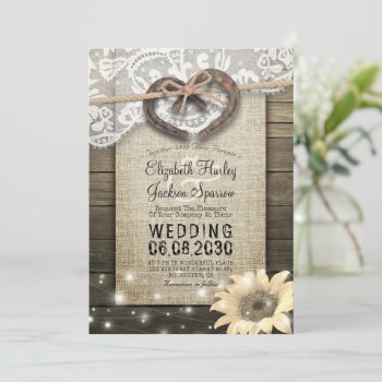Couple Horseshoe Heart Lace Wood Sunflower Wedding Invitation by ReadyCardCard at Zazzle