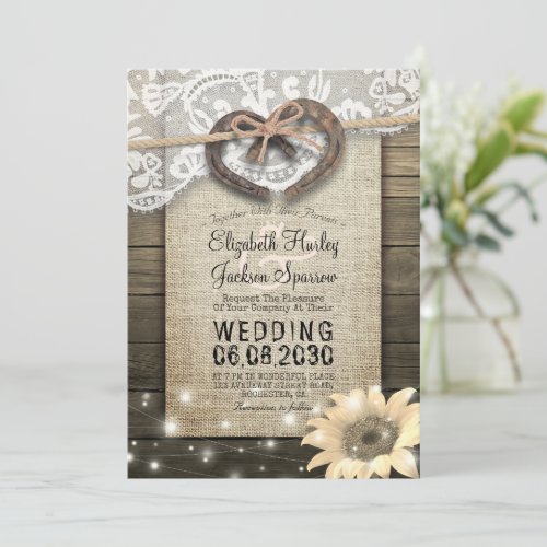 Couple Horseshoe Heart Lace Wood Sunflower Wedding Invitation