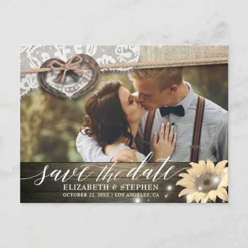 Couple Horseshoe Sunflower Wedding Save Date PHOTO Postcard