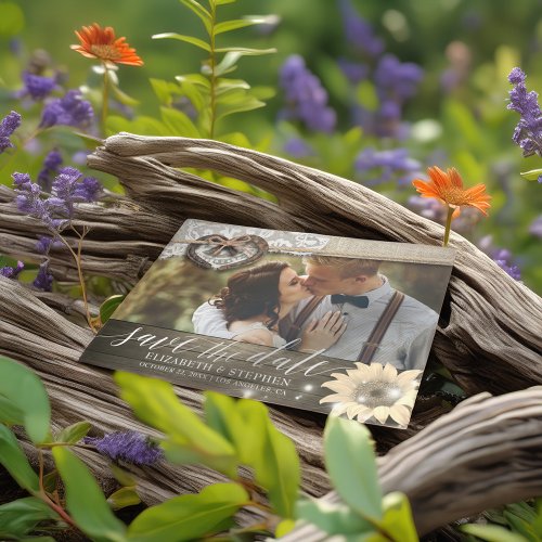 Couple Horseshoe Sunflower Wedding Save Date PHOTO Postcard