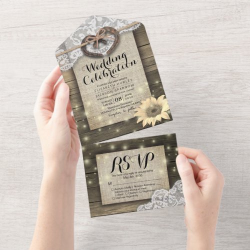 Couple Horseshoes Lace Wood Sunflower Wedding RSVP All In One Invitation