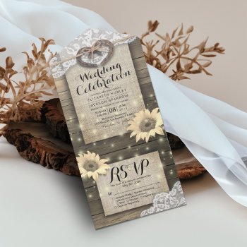 Couple Horseshoes Lace Wood Sunflower Wedding Rsvp All In One Invitation by ReadyCardCard at Zazzle