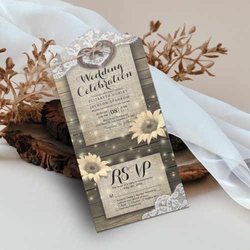 Couple Horseshoes Lace Wood Sunflower Wedding RSVP All In One Invitation