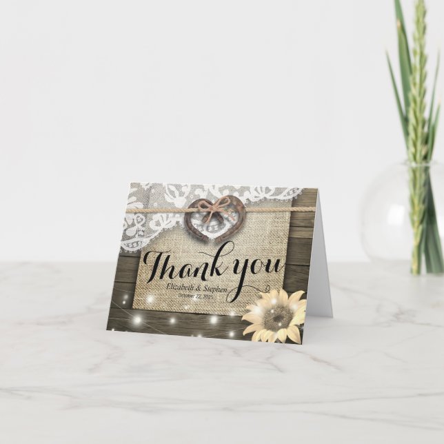 Couple Horseshoes Sunflower Wood Wedding Thank You (Front)