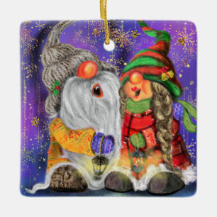 Couple Hugged Gnomes Singing Happy Christmas Song Ceramic Ornament