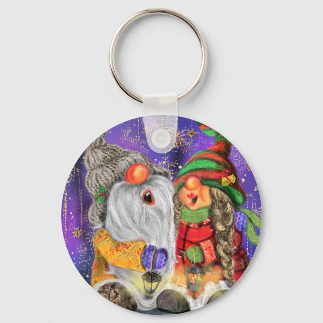 Couple Hugged Gnomes Singing Happy Christmas Song  Keychain (Front)