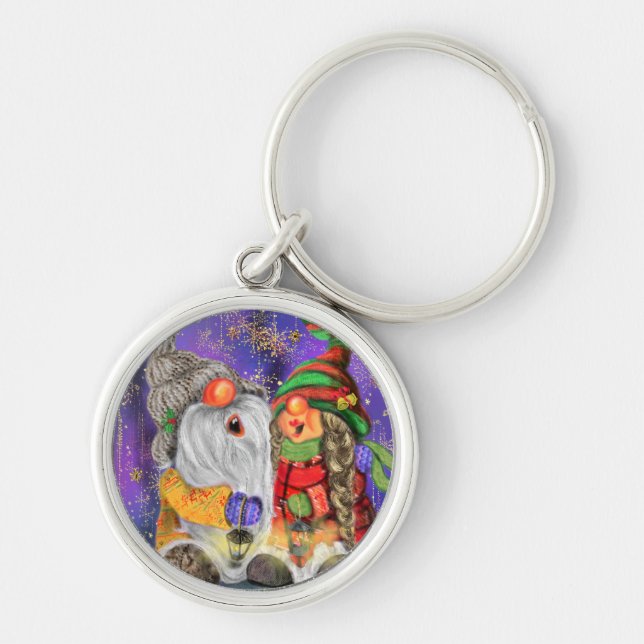 Couple Hugged Gnomes Singing Happy Christmas Song Keychain (Front)
