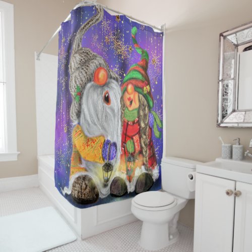 Couple Hugged Gnomes Singing Happy Christmas Song  Shower Curtain