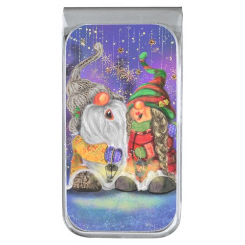 Couple Hugged Gnomes Singing Happy Christmas Song  Silver Finish Money Clip