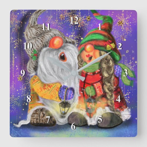 Couple Hugged Gnomes Singing Happy Christmas Song  Square Wall Clock