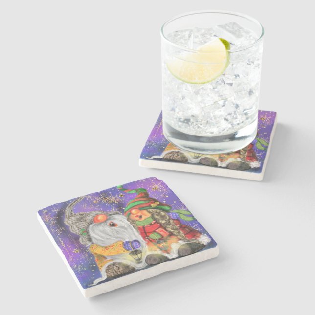 Couple Hugged Gnomes Singing Happy Christmas Song  Stone Coaster (Side)