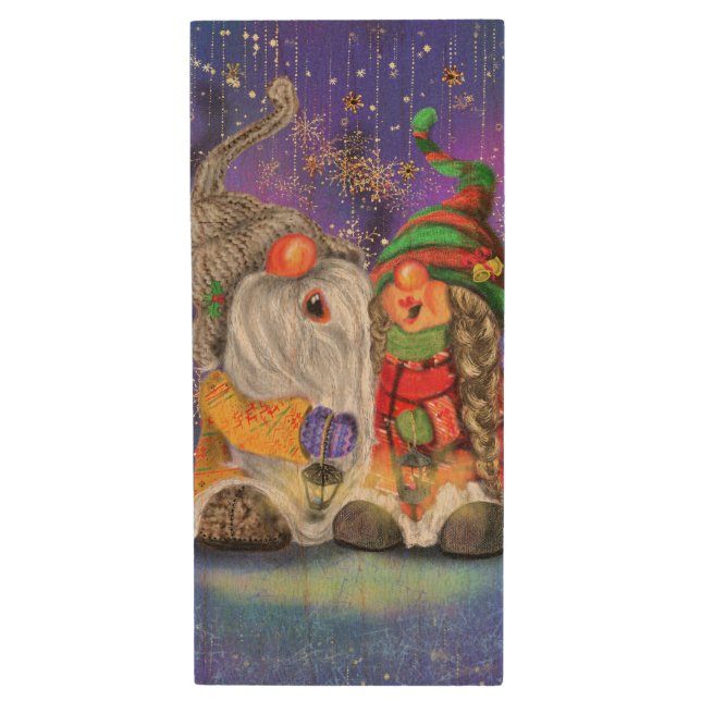 Couple Hugged Gnomes Singing Happy Christmas Song  Wood Flash Drive (Front Vertical)