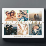 Couple I LOVE YOU 6 Photo Collage Gold Plaque<br><div class="desc">Easily create a keepsake photo collage display for the one you love with 6 pictures, the title I LOVE YOU in a modern, handwritten script with hearts as a faux metallic gold foil overlay and personalized with your custom text against an editable white background. CHANGES: Change the background color, select...</div>