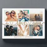 Couple I LOVE YOU 6 Photo Collage Gold Plaque<br><div class="desc">Easily create a keepsake photo collage display for the one you love with 6 pictures, the title I LOVE YOU in a modern, handwritten script with hearts as a faux metallic gold foil overlay and personalized with your custom text against an editable white background. CHANGES: Change the background color, select...</div>