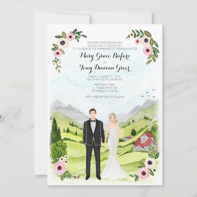 Couple Illustrated Portrait Wedding Landscape Card (Front)