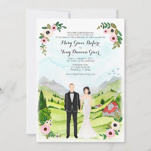 Couple Illustrated Portrait Wedding Landscape Card