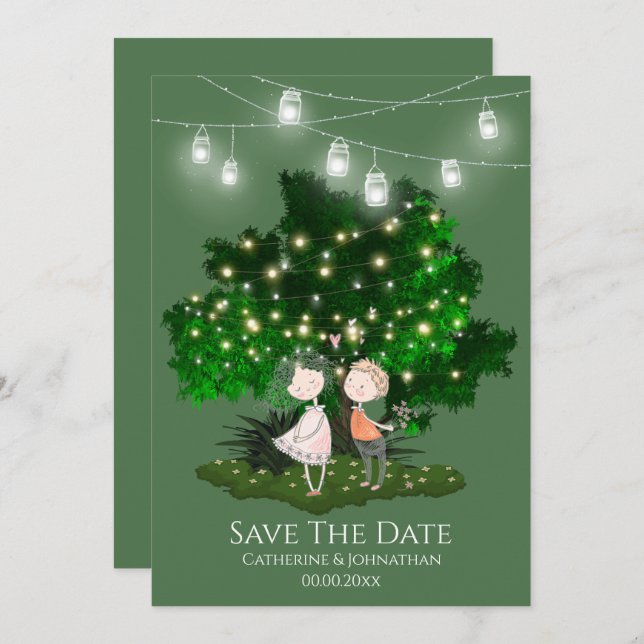 Couple illustration string lights tree romantic  save the date (Front/Back)