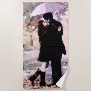 Couple in Love Kissing In The Rain Abstract Art Beach Towel