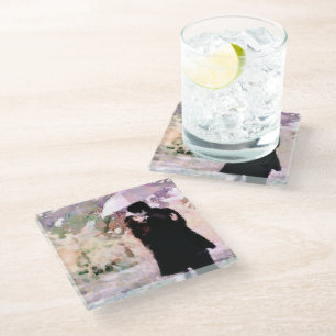 Couple in Love Kissing In The Rain Abstract Art Glass Coaster