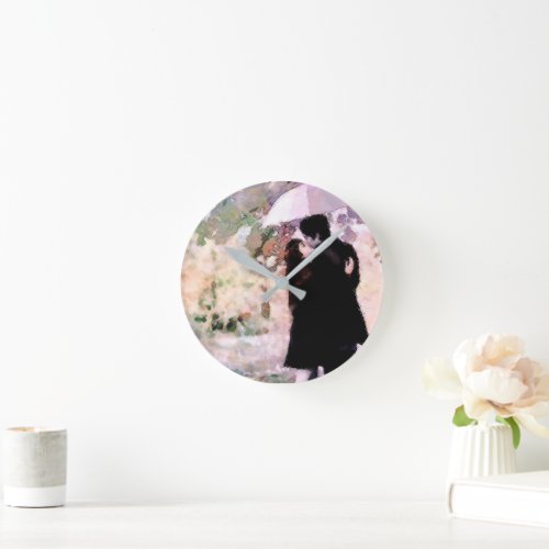 Couple in Love Kissing In The Rain Abstract Art Round Clock