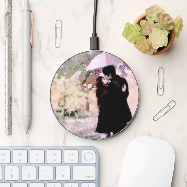 Couple in Love Kissing In The Rain Abstract Art Wireless Charger (Desk)
