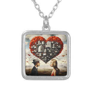 Couple in Love Surrealism Silver Plated Necklace