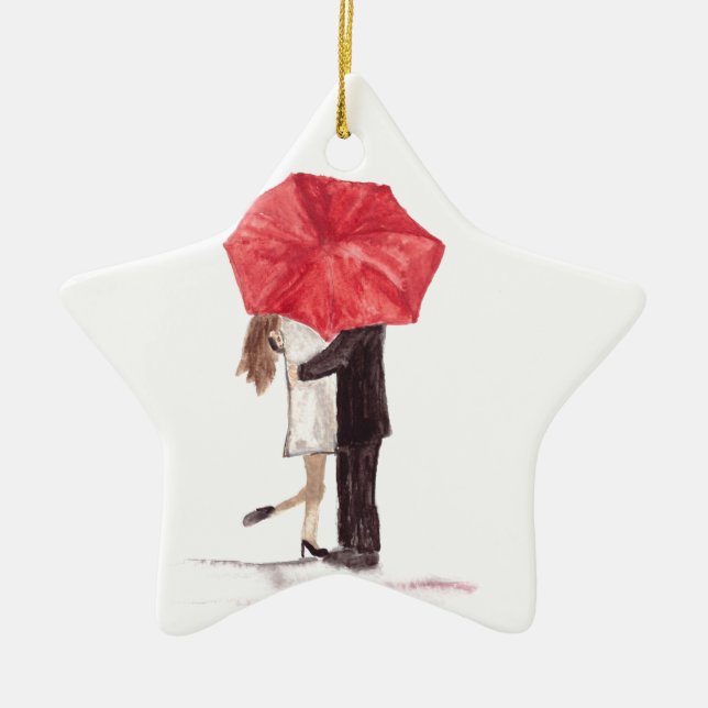 Couple in love under red umbrella ceramic ornament (Front)
