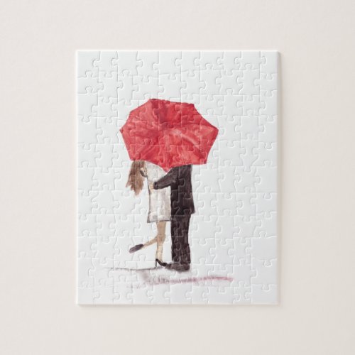 Couple in love under red umbrella jigsaw puzzle