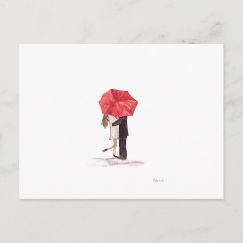 Couple in love under red umbrella postcard