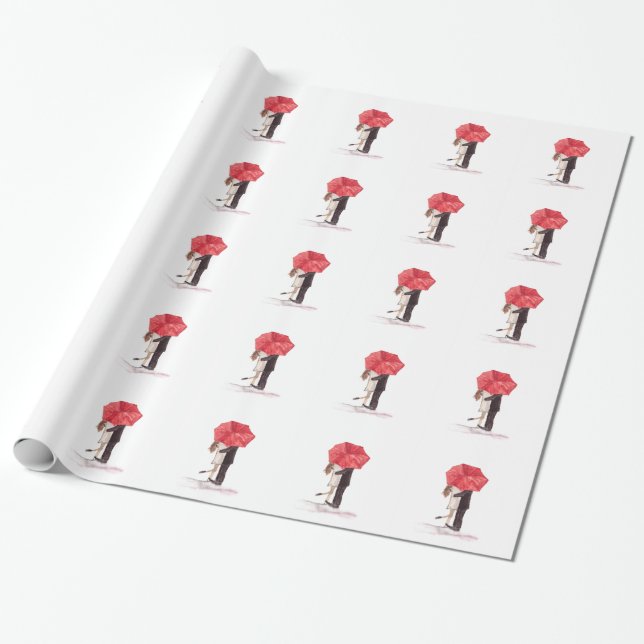 Couple in love under red umbrella watercolor chic wrapping paper (Unrolled)