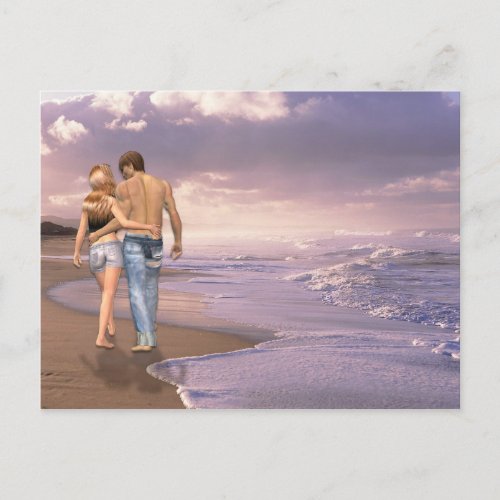 Couple in Love Walking on Beach into the Sunset Postcard