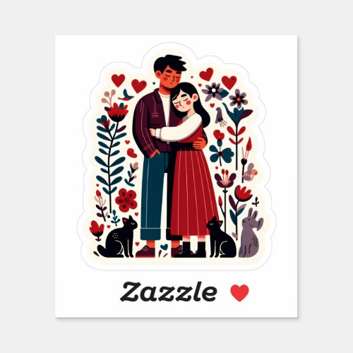 Couple in love with hearts pets and flowers sticker