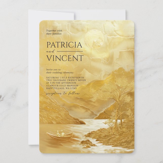 Couple in Mountain Scenery on Golden - Wedding Invitation (Front)